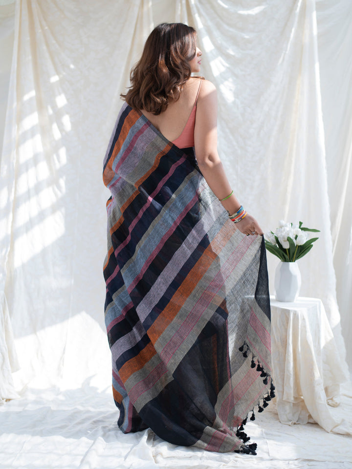 Midnight Black Multicolour Madras Checks Mul Cotton Saree with Contrast Stripes, Tassels & Blouse Piece