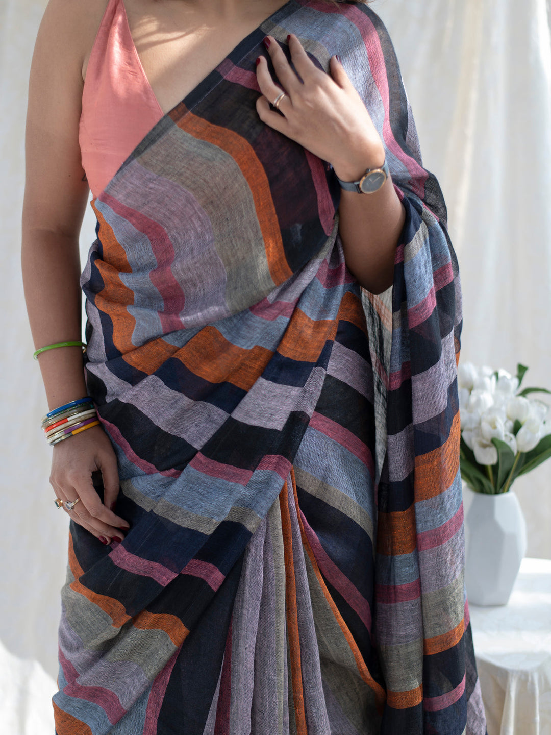 Midnight Black Multicolour Madras Checks Mul Cotton Saree with Contrast Stripes, Tassels & Blouse Piece