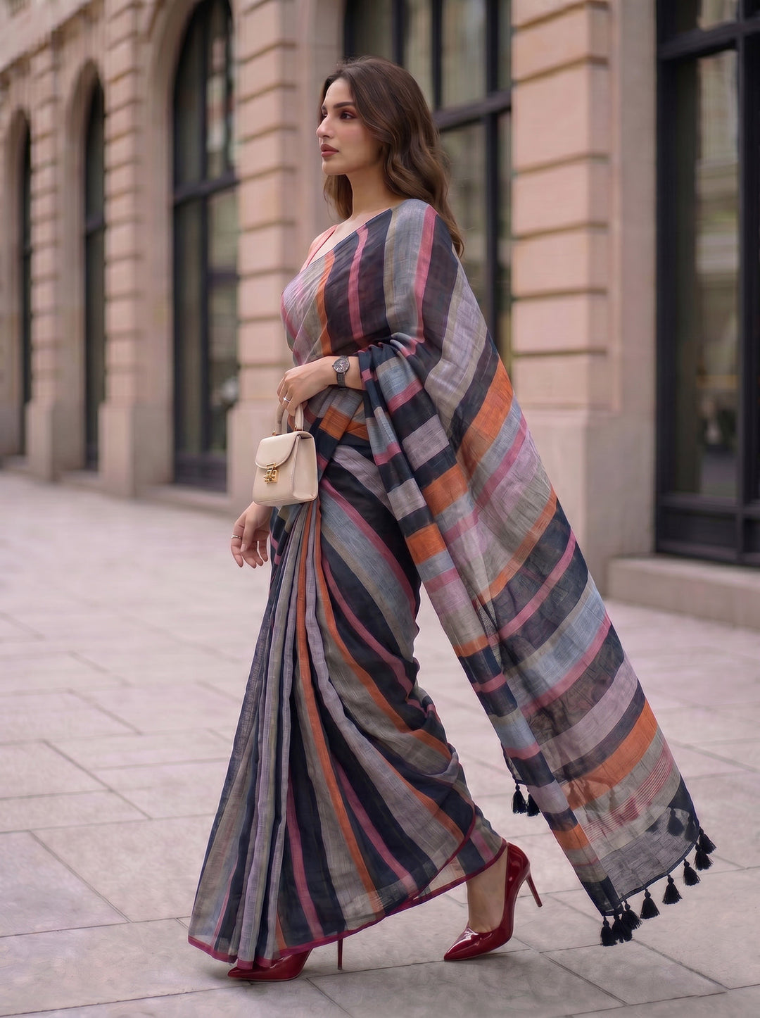Midnight Black Multicolour Madras Checks Mul Cotton Saree with Contrast Stripes, Tassels & Blouse Piece