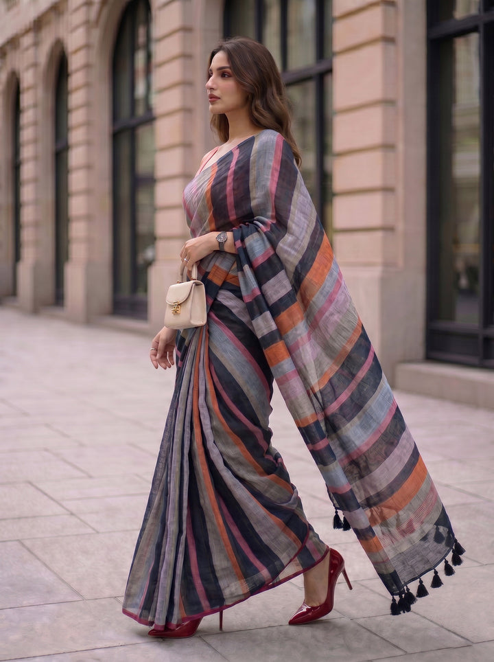 Midnight Black Multicolour Madras Checks Mul Cotton Saree with Contrast Stripes, Tassels & Blouse Piece