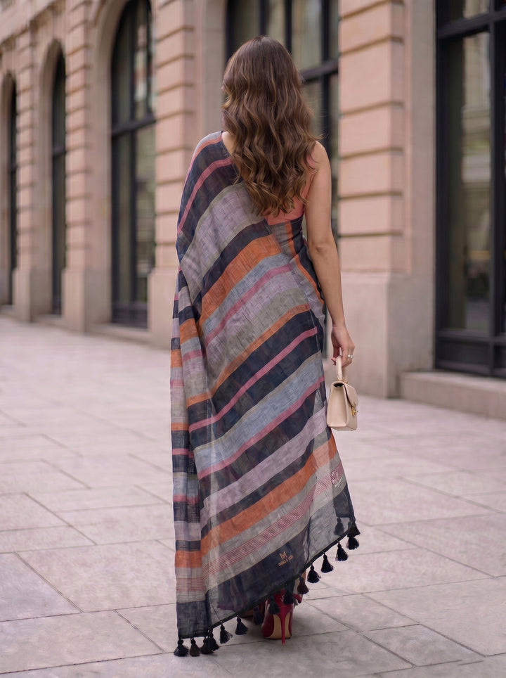 Midnight Black Multicolour Madras Checks Mul Cotton Saree with Contrast Stripes, Tassels & Blouse Piece