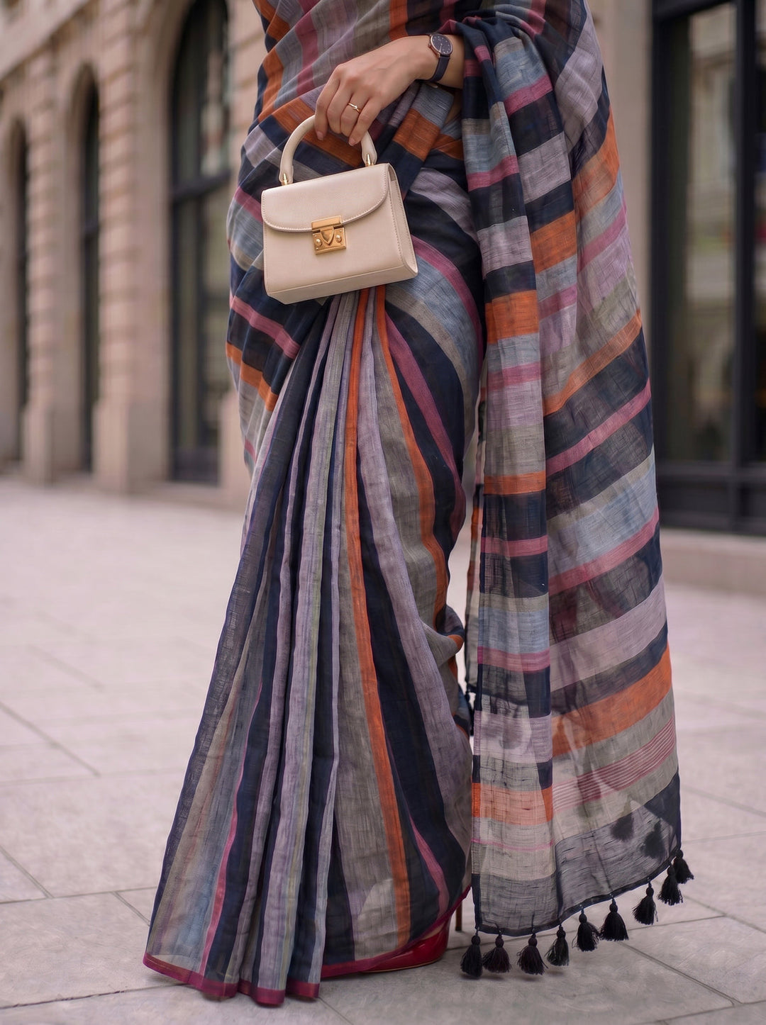 Midnight Black Multicolour Madras Checks Mul Cotton Saree with Contrast Stripes, Tassels & Blouse Piece