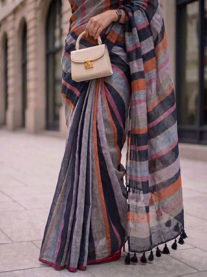 Midnight Black Multicolour Madras Checks Mul Cotton Saree with Contrast Stripes, Tassels & Blouse Piece