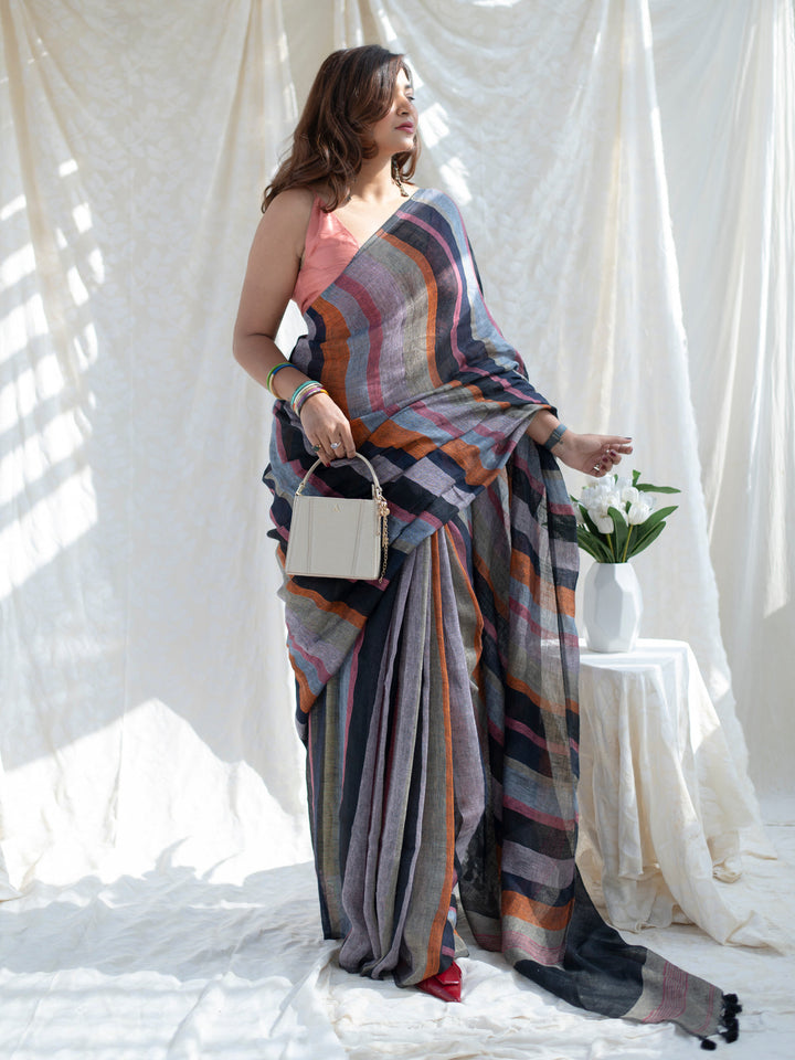 Midnight Black Multicolour Madras Checks Mul Cotton Saree with Contrast Stripes, Tassels & Blouse Piece