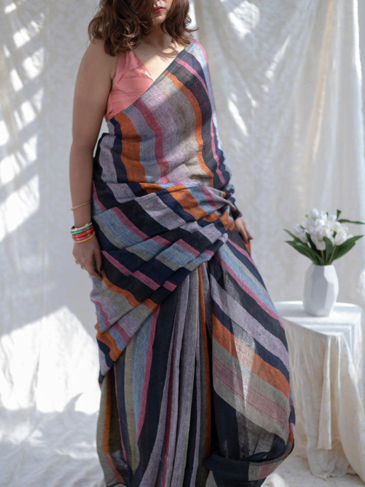 Midnight Black Multicolour Madras Checks Mul Cotton Saree with Contrast Stripes, Tassels & Blouse Piece
