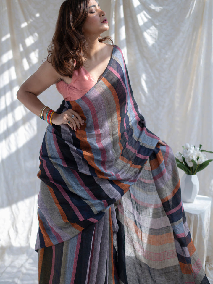 Midnight Black Multicolour Madras Checks Mul Cotton Saree with Contrast Stripes, Tassels & Blouse Piece