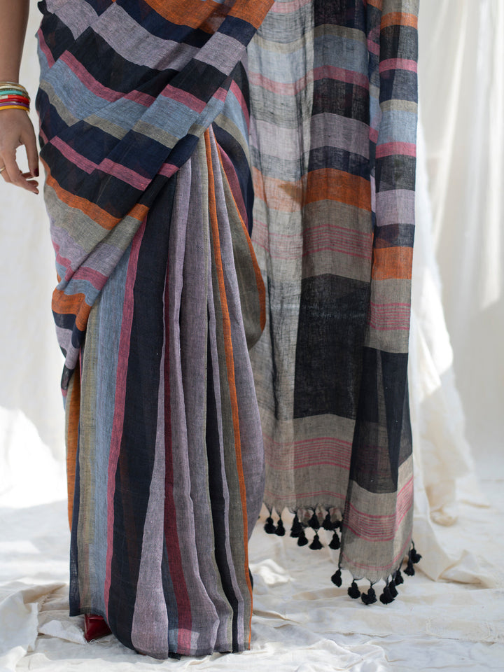 Midnight Black Multicolour Madras Checks Mul Cotton Saree with Contrast Stripes, Tassels & Blouse Piece