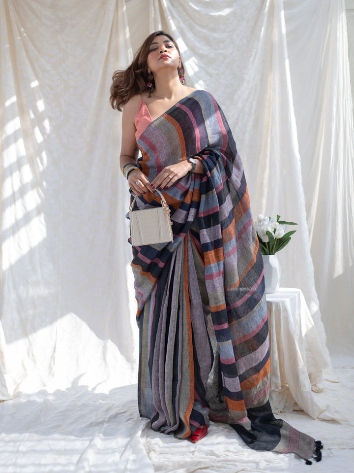 Midnight Black Multicolour Madras Checks Mul Cotton Saree with Contrast Stripes, Tassels & Blouse Piece