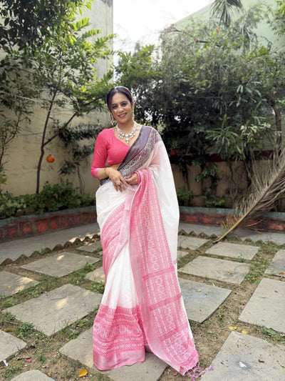 Elegant White and Pink Pure Linen Digital Printed Saree with Black Border, Tassels, and Blouse Piece – Intricate Floral and Geometric Design