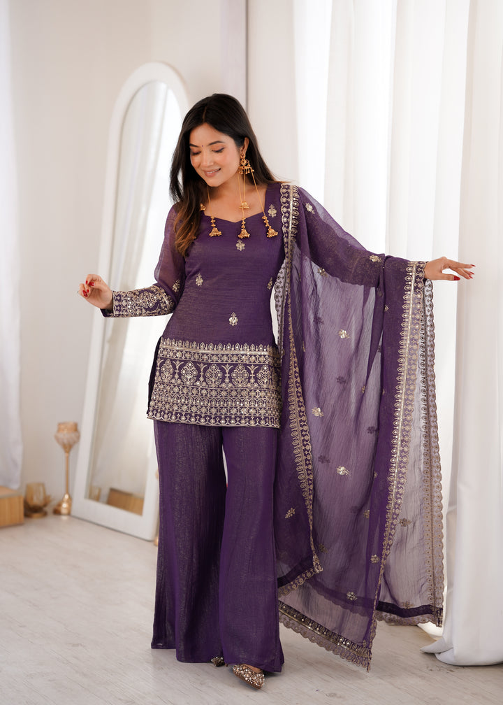 Royal Purple Crunchy Silk Embroidered Kurta Set with Bell Bottom Pants & Embellished Dupatta