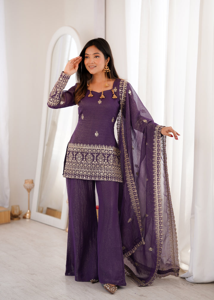 Royal Purple Crunchy Silk Embroidered Kurta Set with Bell Bottom Pants & Embellished Dupatta