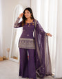 Royal Purple Crunchy Silk Embroidered Kurta Set with Bell Bottom Pants & Embellished Dupatta