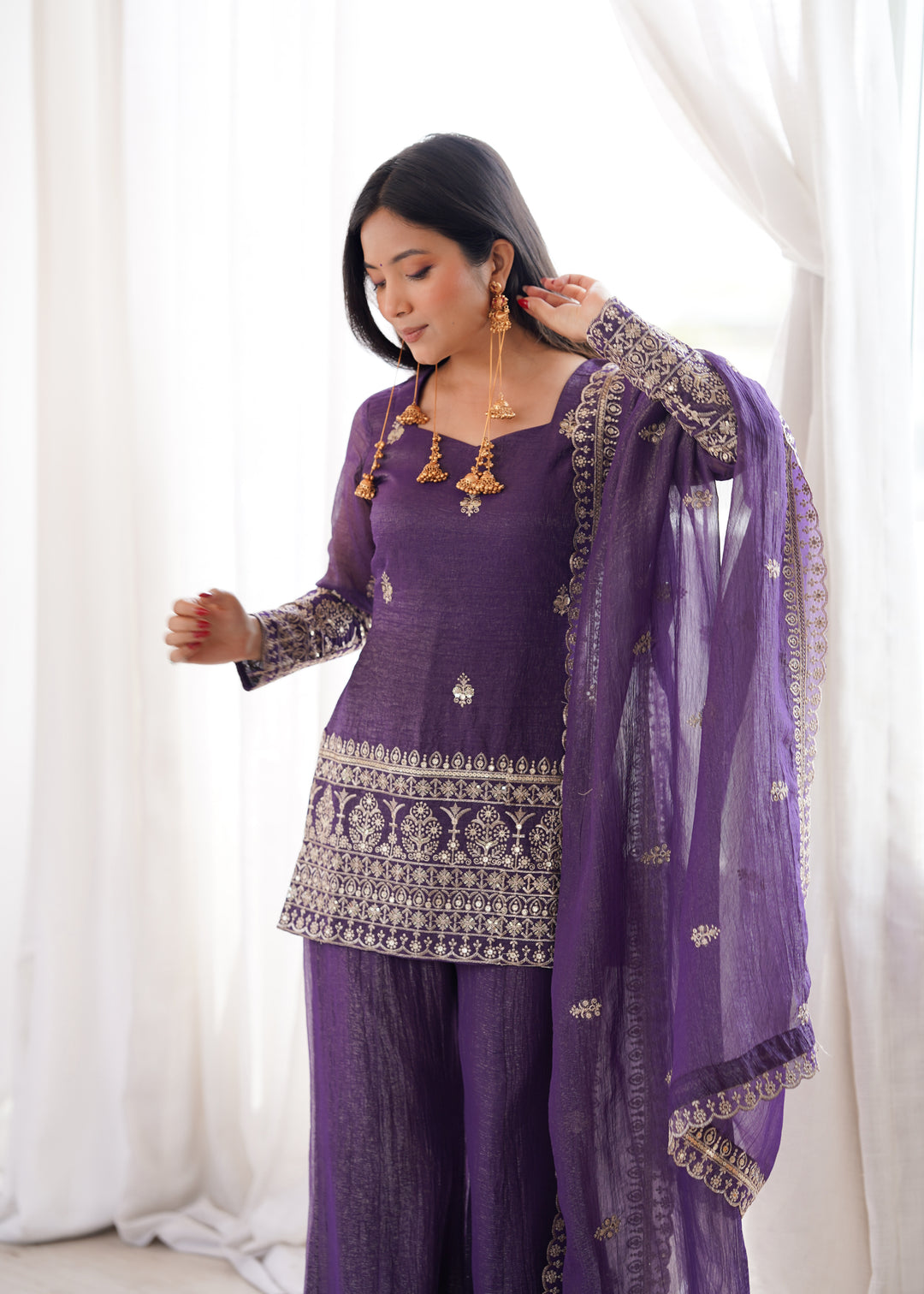 Royal Purple Crunchy Silk Embroidered Kurta Set with Bell Bottom Pants & Embellished Dupatta