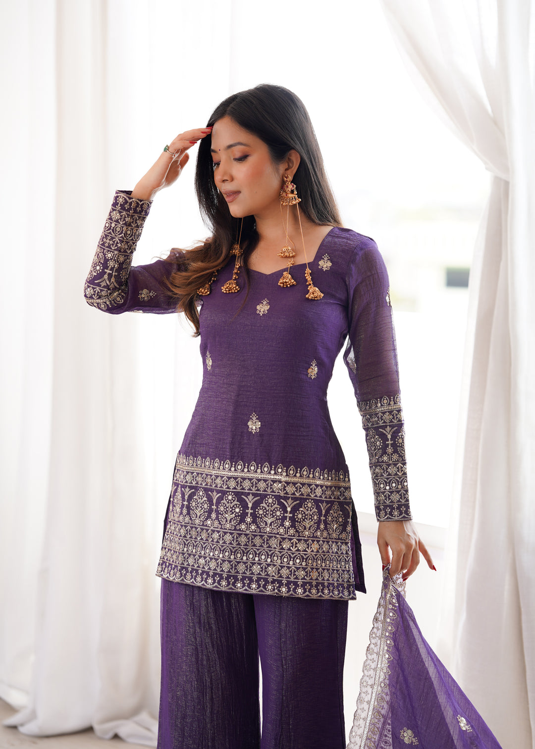 Royal Purple Crunchy Silk Embroidered Kurta Set with Bell Bottom Pants & Embellished Dupatta