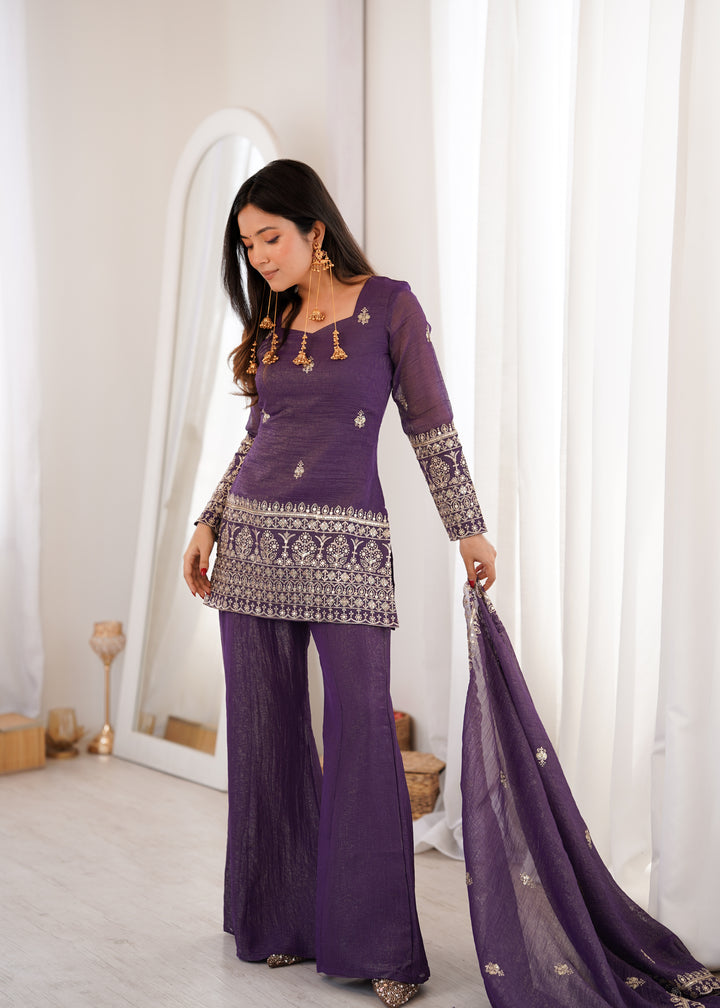 Royal Purple Crunchy Silk Embroidered Kurta Set with Bell Bottom Pants & Embellished Dupatta
