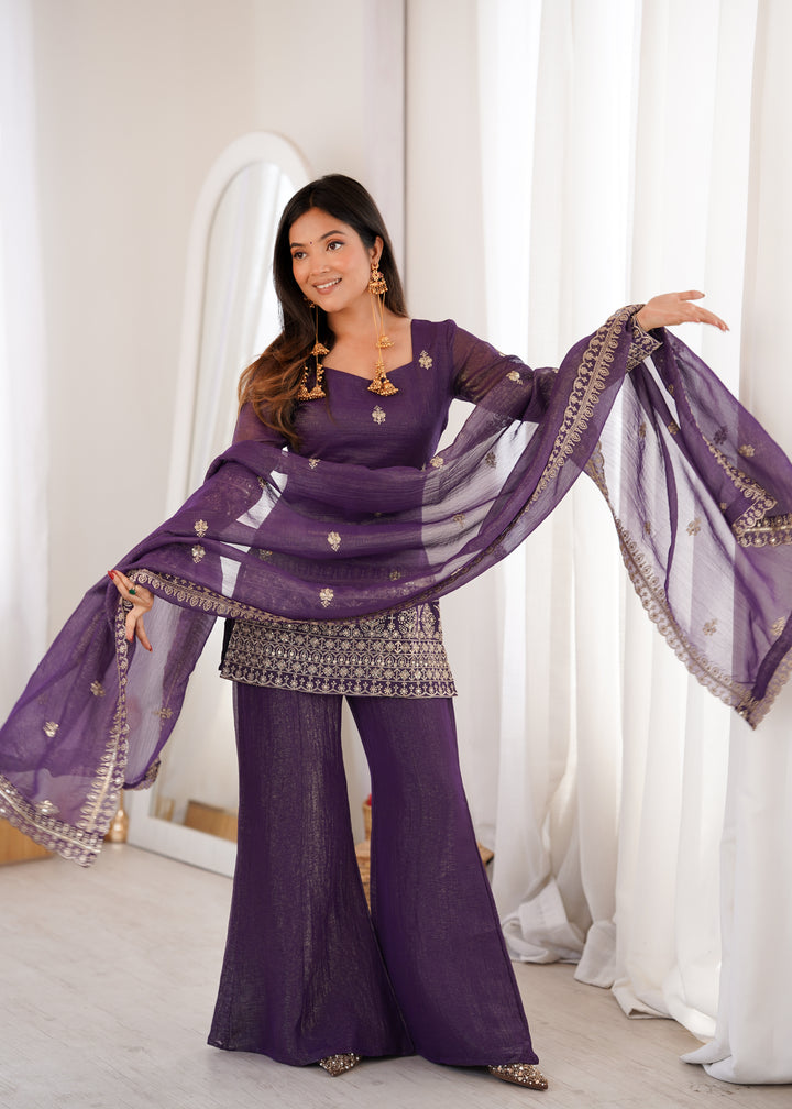 Royal Purple Crunchy Silk Embroidered Kurta Set with Bell Bottom Pants & Embellished Dupatta