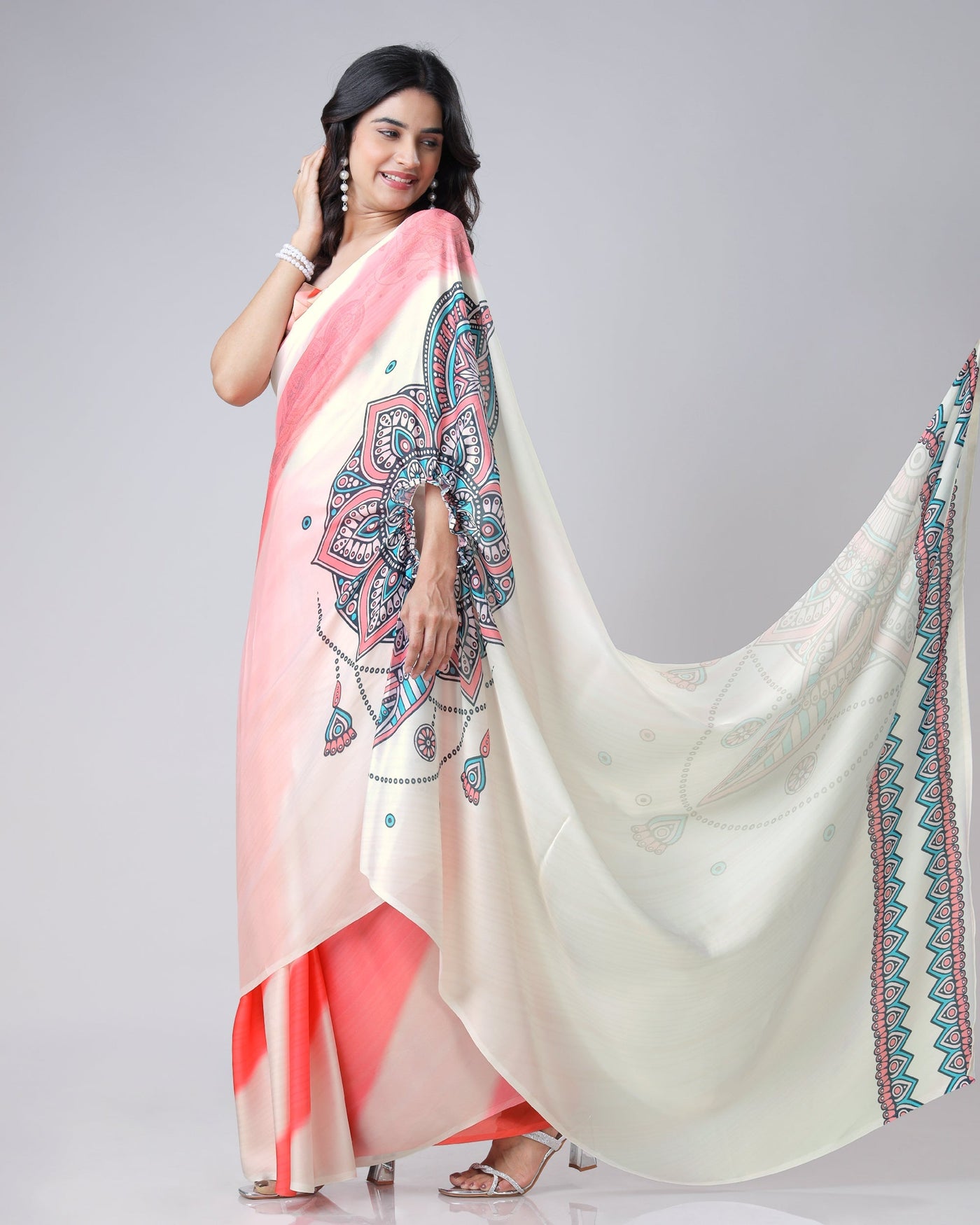 Coral Cream Mandala Print Freehand Saree – Handsfree Draping Elegance