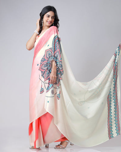 Coral Cream Mandala Print Freehand Saree – Handsfree Draping Elegance