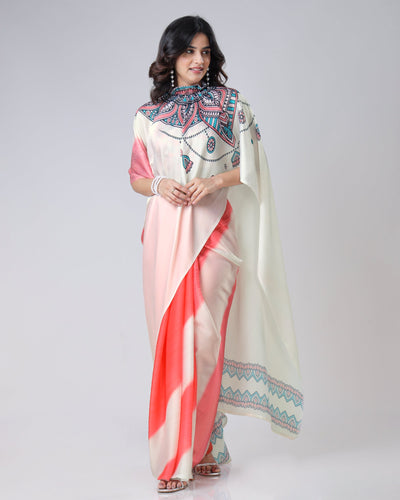 Coral Cream Mandala Print Freehand Saree – Handsfree Draping Elegance