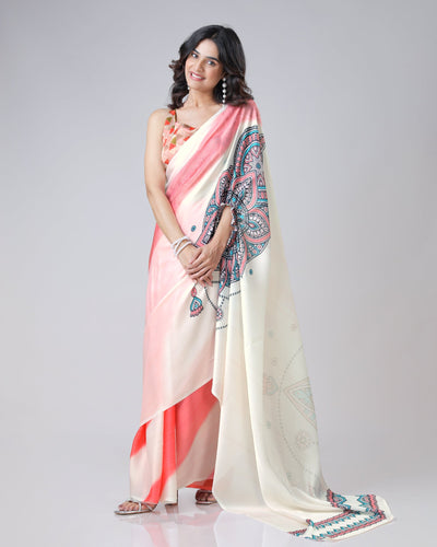 Coral Cream Mandala Print Freehand Saree – Handsfree Draping Elegance