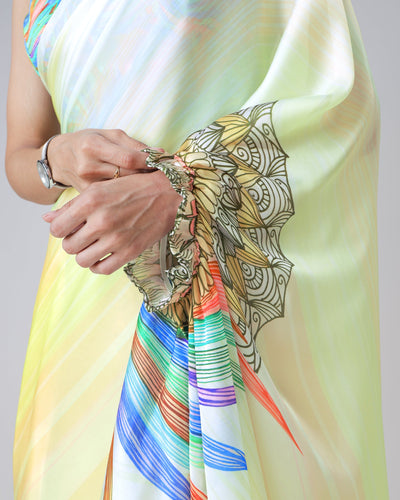 Lemon Yellow Rainbow Feather Freehand Saree – Modern Artistry with Handsfree Drape