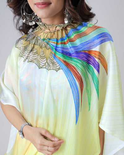 Lemon Yellow Rainbow Feather Freehand Saree – Modern Artistry with Handsfree Drape