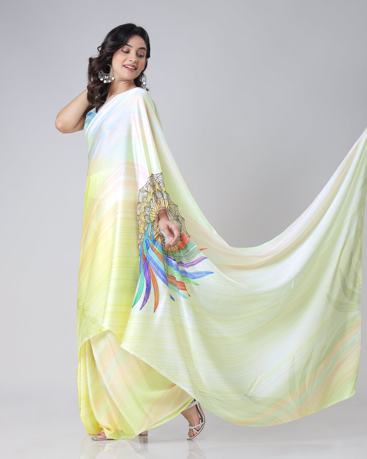 Lemon Yellow Rainbow Feather Freehand Saree – Modern Artistry with Handsfree Drape