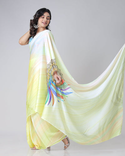 Lemon Yellow Rainbow Feather Freehand Saree – Modern Artistry with Handsfree Drape