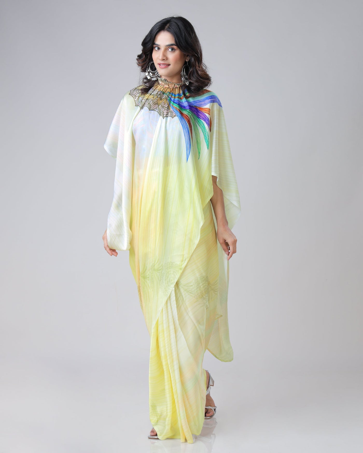 Lemon Yellow Rainbow Feather Freehand Saree – Modern Artistry with Handsfree Drape