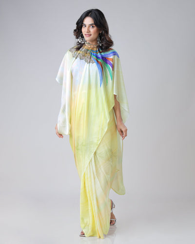 Lemon Yellow Rainbow Feather Freehand Saree – Modern Artistry with Handsfree Drape