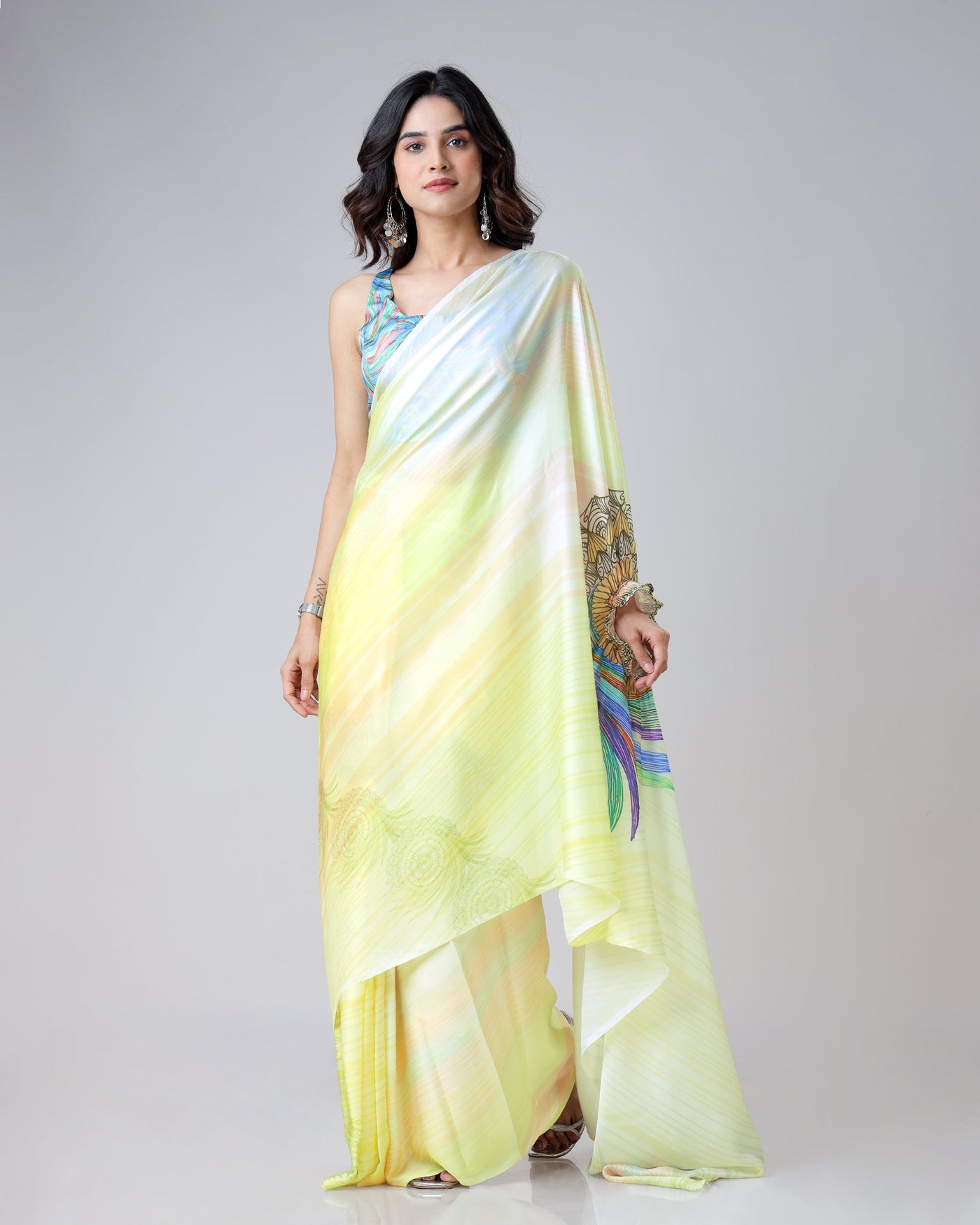 Lemon Yellow Rainbow Feather Freehand Saree – Modern Artistry with Handsfree Drape