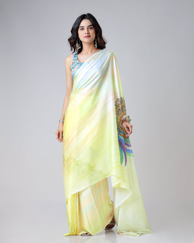 Lemon Yellow Rainbow Feather Freehand Saree – Modern Artistry with Handsfree Drape