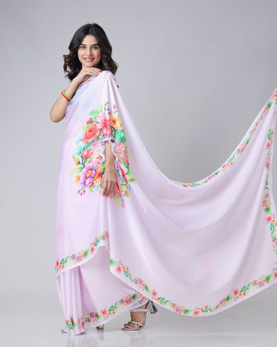 Lavender Bloom Floral Freehand Saree – Handsfree Elegance in Pastel Perfection