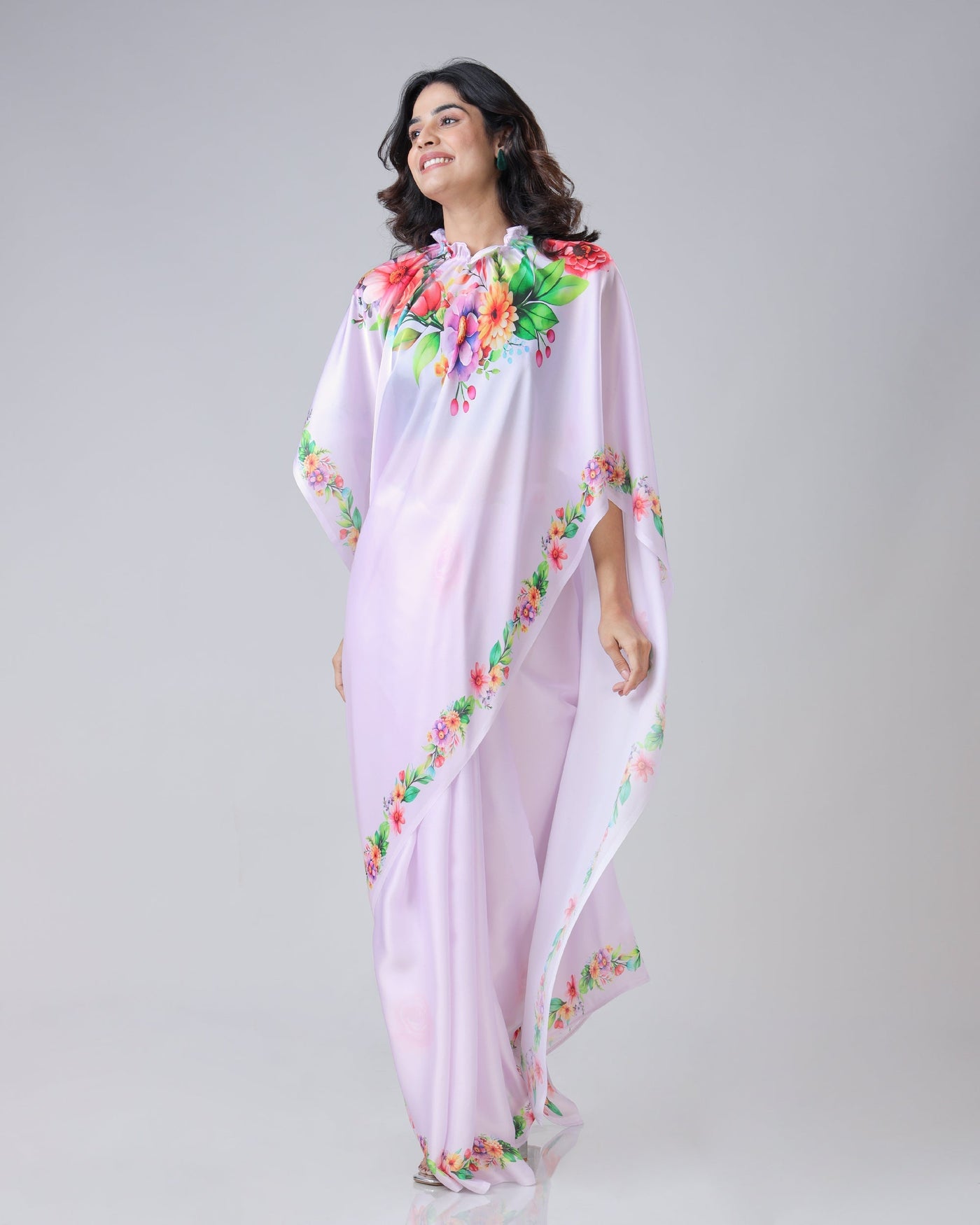 Lavender Bloom Floral Freehand Saree – Handsfree Elegance in Pastel Perfection