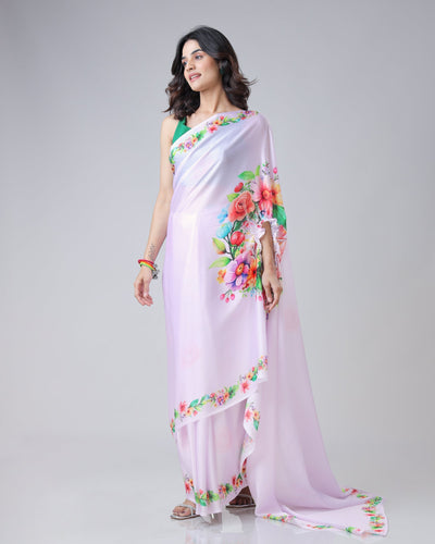 Lavender Bloom Floral Freehand Saree – Handsfree Elegance in Pastel Perfection