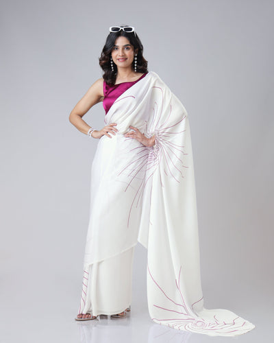 Ivory White Designer Freehand Saree with Maroon Abstract Lines – Handsfree Minimal Chic