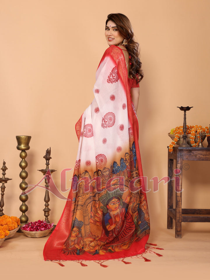 White & Red Handloom Linen Saree with Durga Panchami Art Pallu & Temple Festive Motifs | Zari Border & Tassel Finish