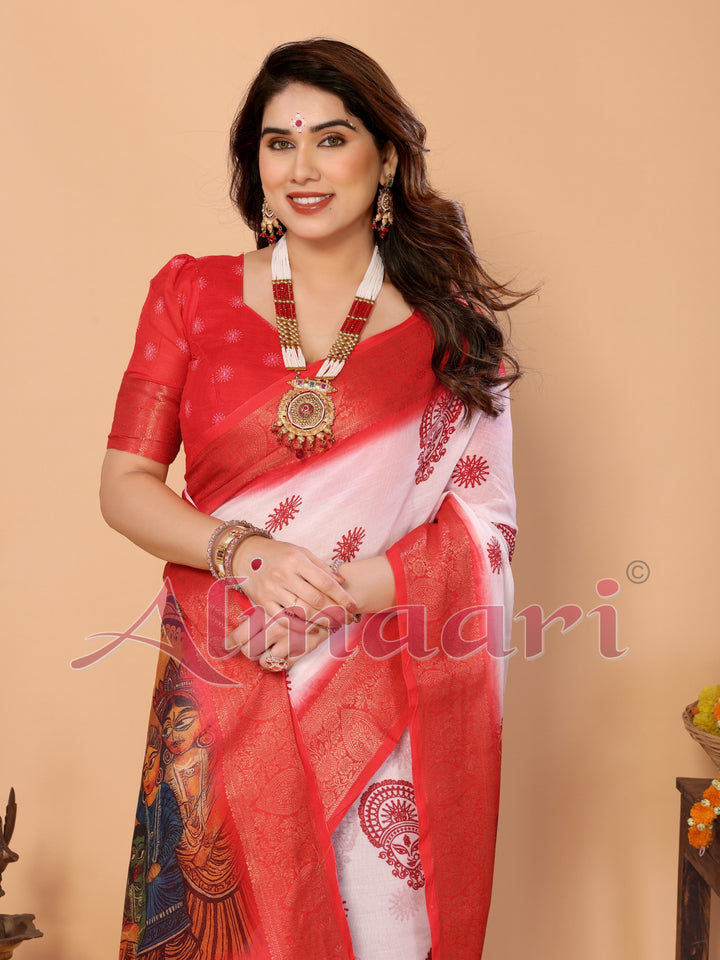 White & Red Handloom Linen Saree with Durga Panchami Art Pallu & Temple Festive Motifs | Zari Border & Tassel Finish