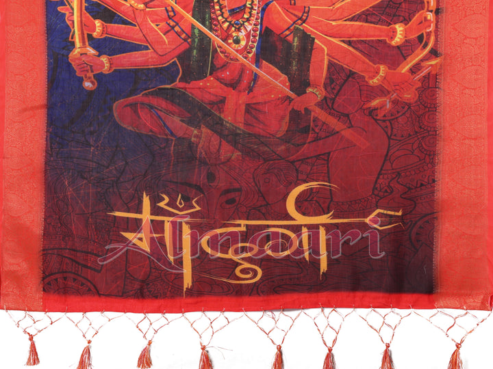 White & Crimson Red Handloom Linen Saree with Kali Maa Digital Artwork Pallu & Zari Border | Durga Puja Special Drape with Tassels