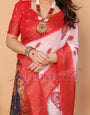 White & Red Handloom Linen Saree with Durga Panchami Art Pallu & Temple Festive Motifs | Zari Border & Tassel Finish