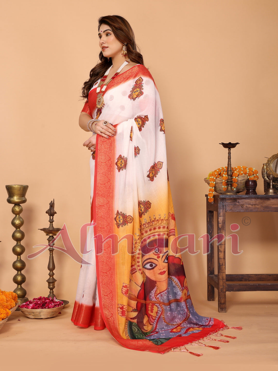 Off-White & Golden Yellow Handloom Linen Saree with Devi Durga Print & Zari Border | Festive Pallu & Tassel Finish