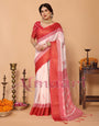 Crimson Red & Cream Handloom Linen Saree with Digital Maa Durga Face & Zari Border | Durga Puja Special Drape with Tassel Pallu