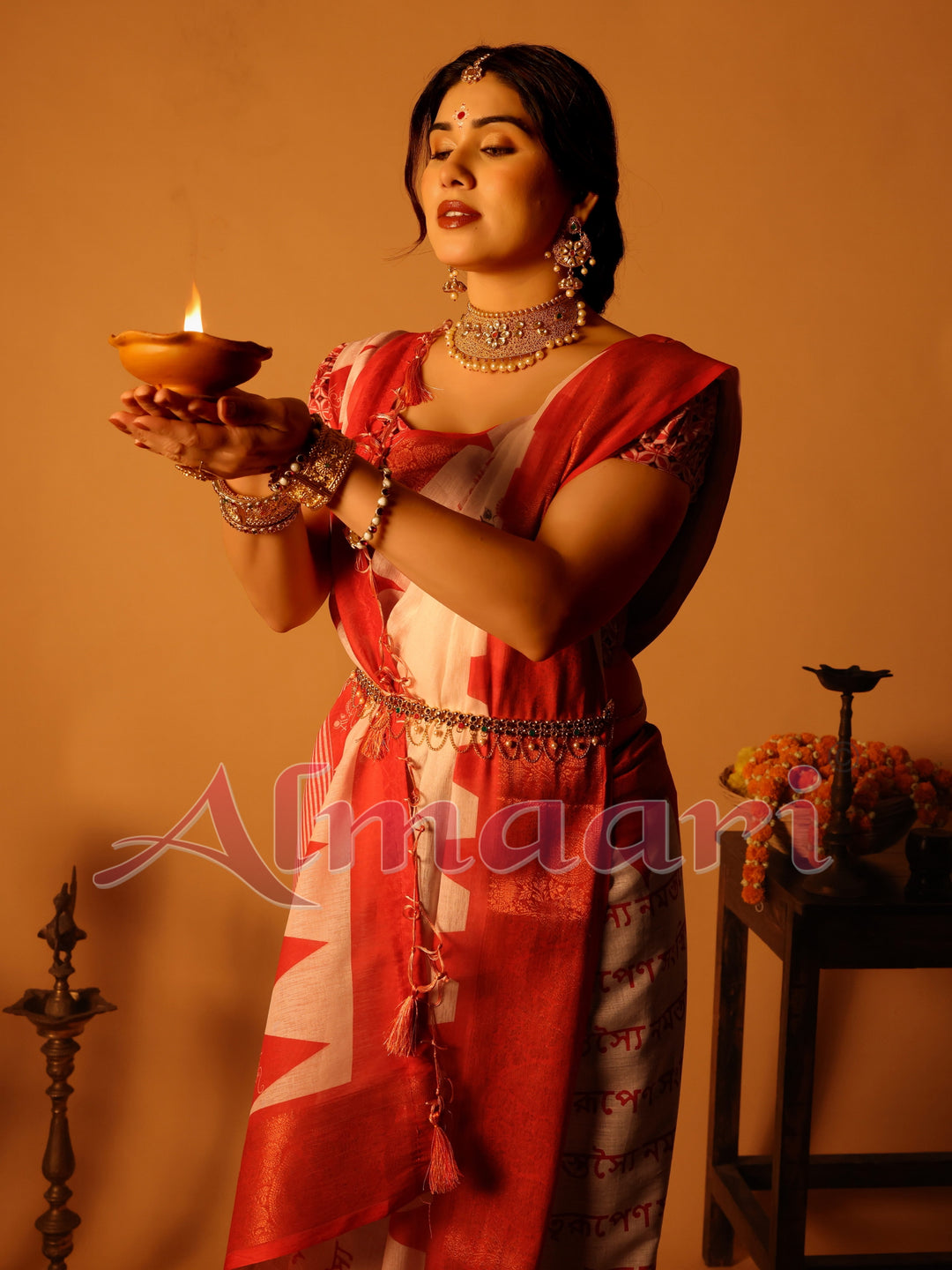 White & Red Handloom Linen Saree with Durga Shloka Print and Zari Border | Festive Pallu with Tassels
