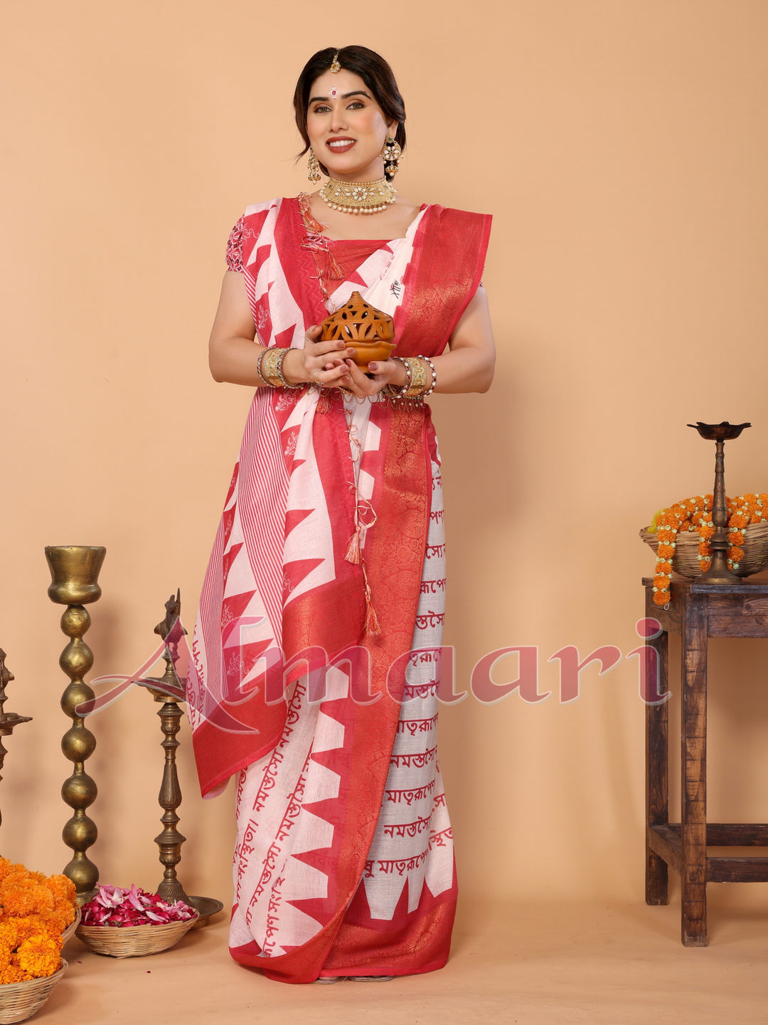 White & Red Handloom Linen Saree with Durga Shloka Print and Zari Border | Festive Pallu with Tassels