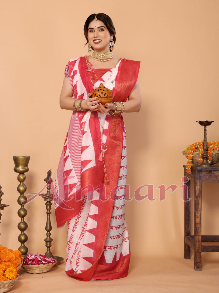 White & Red Handloom Linen Saree with Durga Shloka Print and Zari Border | Festive Pallu with Tassels