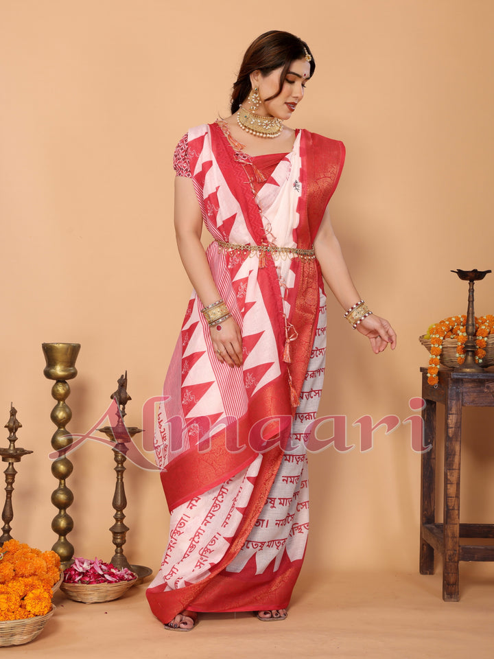 White & Red Handloom Linen Saree with Durga Shloka Print and Zari Border | Festive Pallu with Tassels