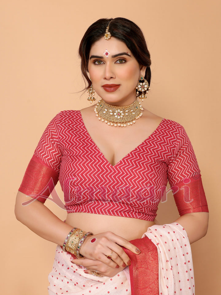 Ivory & Vermilion Polka Handloom Linen Saree with Durga Face Digital Print & Zari Border – Festive Special