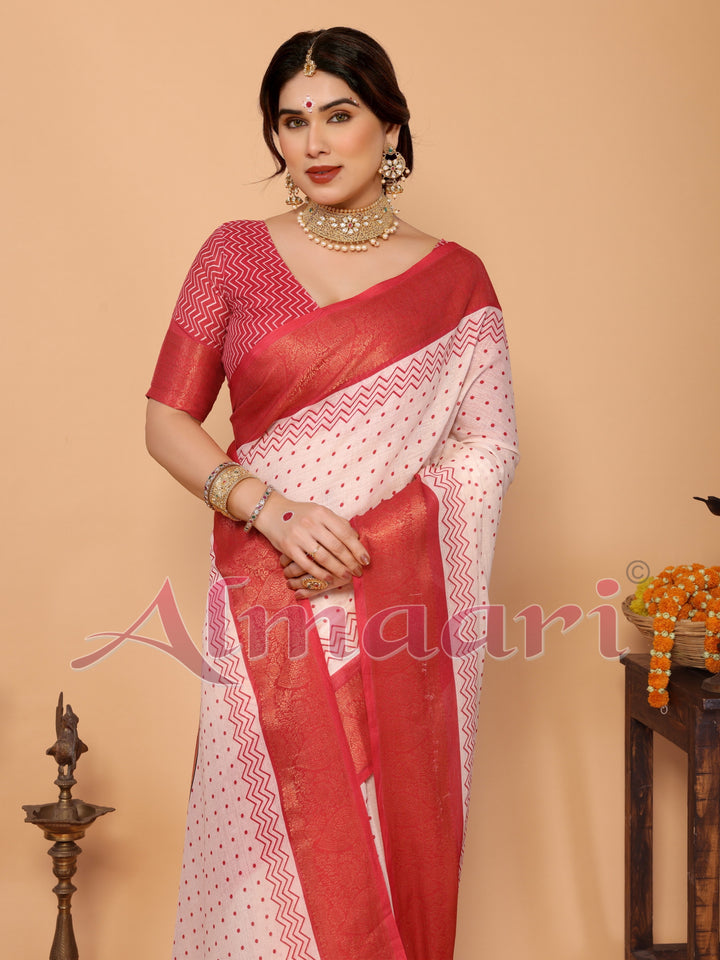 Ivory & Vermilion Polka Handloom Linen Saree with Durga Face Digital Print & Zari Border – Festive Special