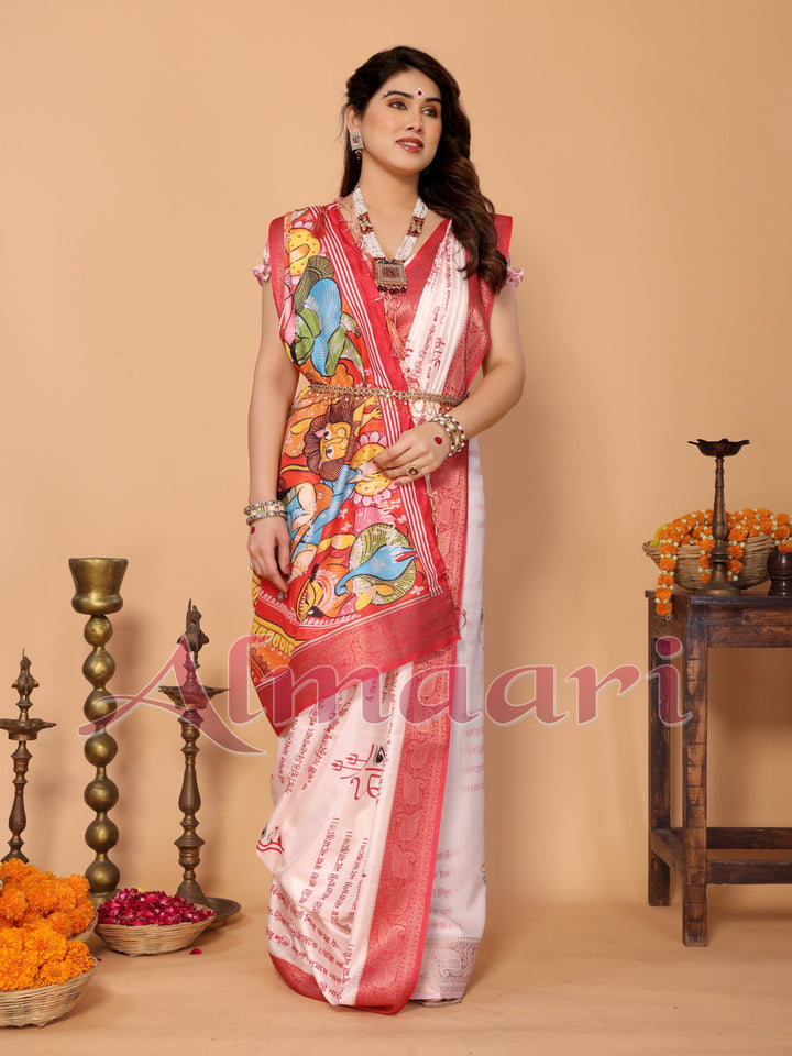 Off-White & Red Tussar Silk Saree with Kalighat-Style Devi Back Design & Sanskrit Mantra Pallu | Zari Border | Festive Tassels