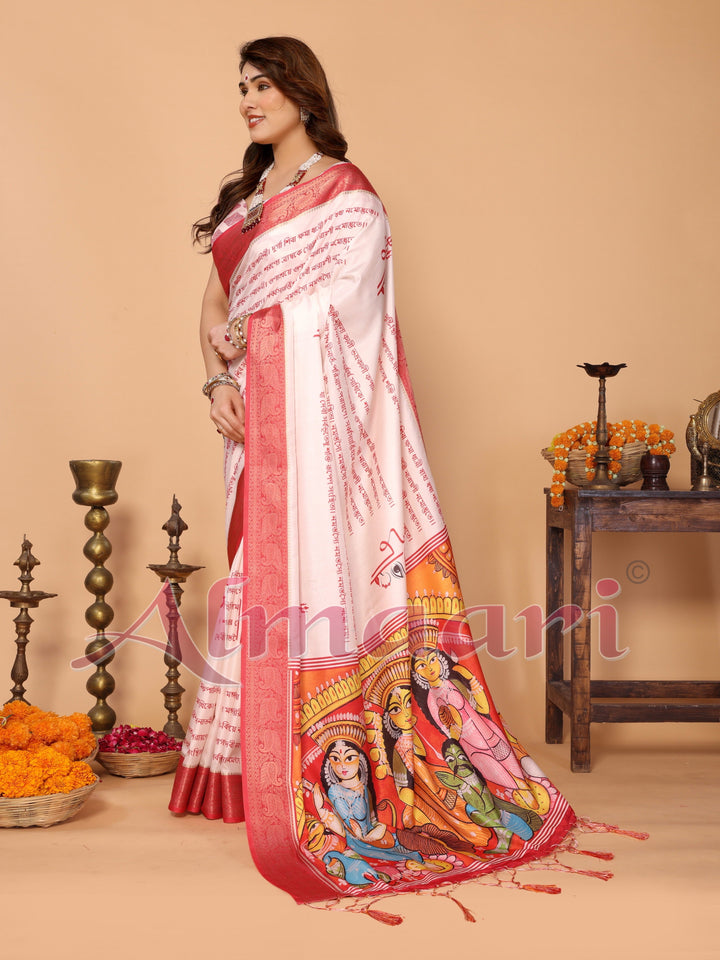Off-White & Red Tussar Silk Saree with Kalighat-Style Devi Back Design & Sanskrit Mantra Pallu | Zari Border | Festive Tassels